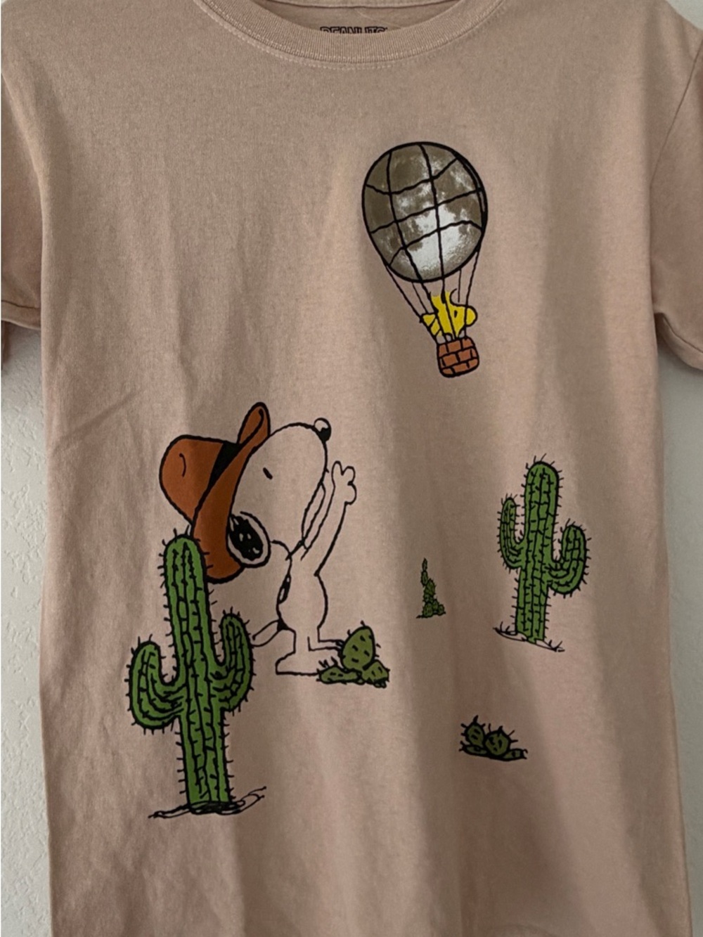 PEANUTS BOXLUNCH SNOOPY DESERT NEEDLES MOTEL GRAPHIC TEE BEIGE SAND SMALL - Picture 2 of 4